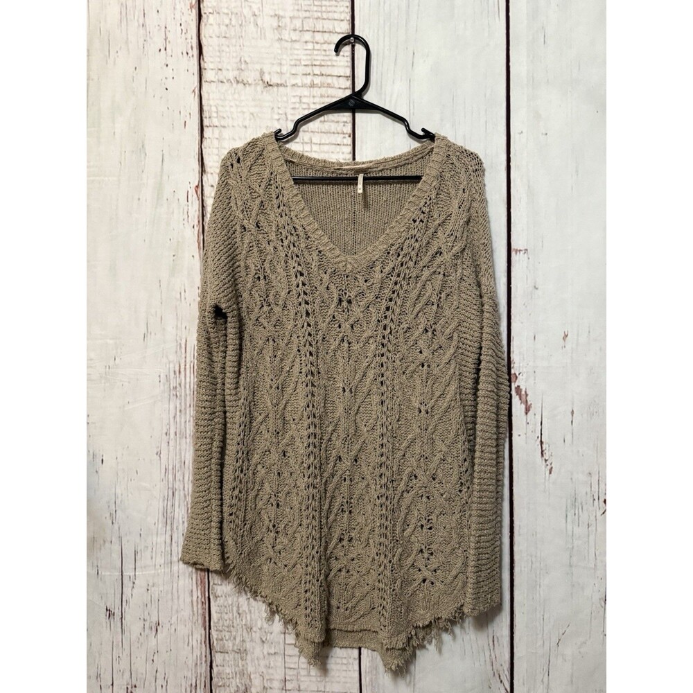 Free People Cross My Heart Sweater Open Knit Tunic Raw Hem Oversize Brown Sze XS